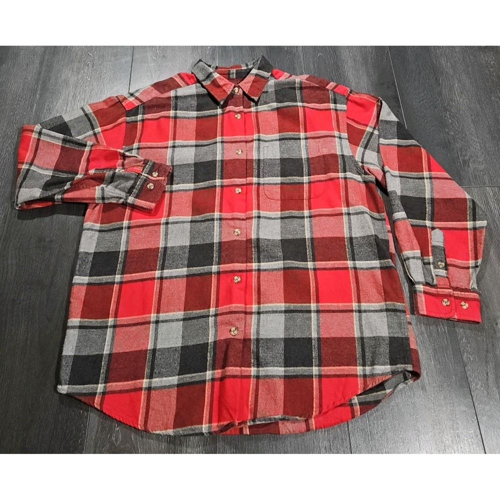 Eddie Bauer Plaid Flannel Shirt Women L Red Pocket Barn Work Casual Comfort